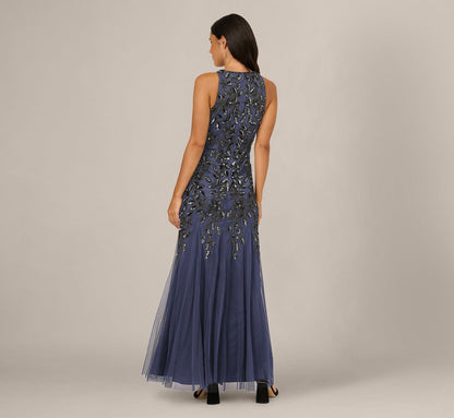 Sleeveless Floral Beaded Godet Gown - Smoky Peri | Adrianna Papell