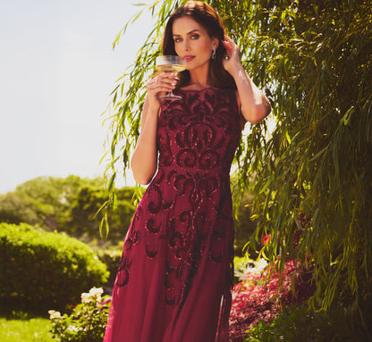 Baroque Scroll Velvet Beaded Gown - Mahogany | Adrianna Papell