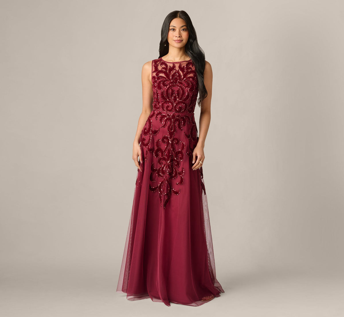 Baroque Scroll Velvet Beaded Gown - Mahogany | Adrianna Papell
