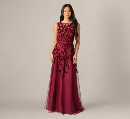 Baroque Scroll Velvet Beaded Gown - Mahogany | Adrianna Papell