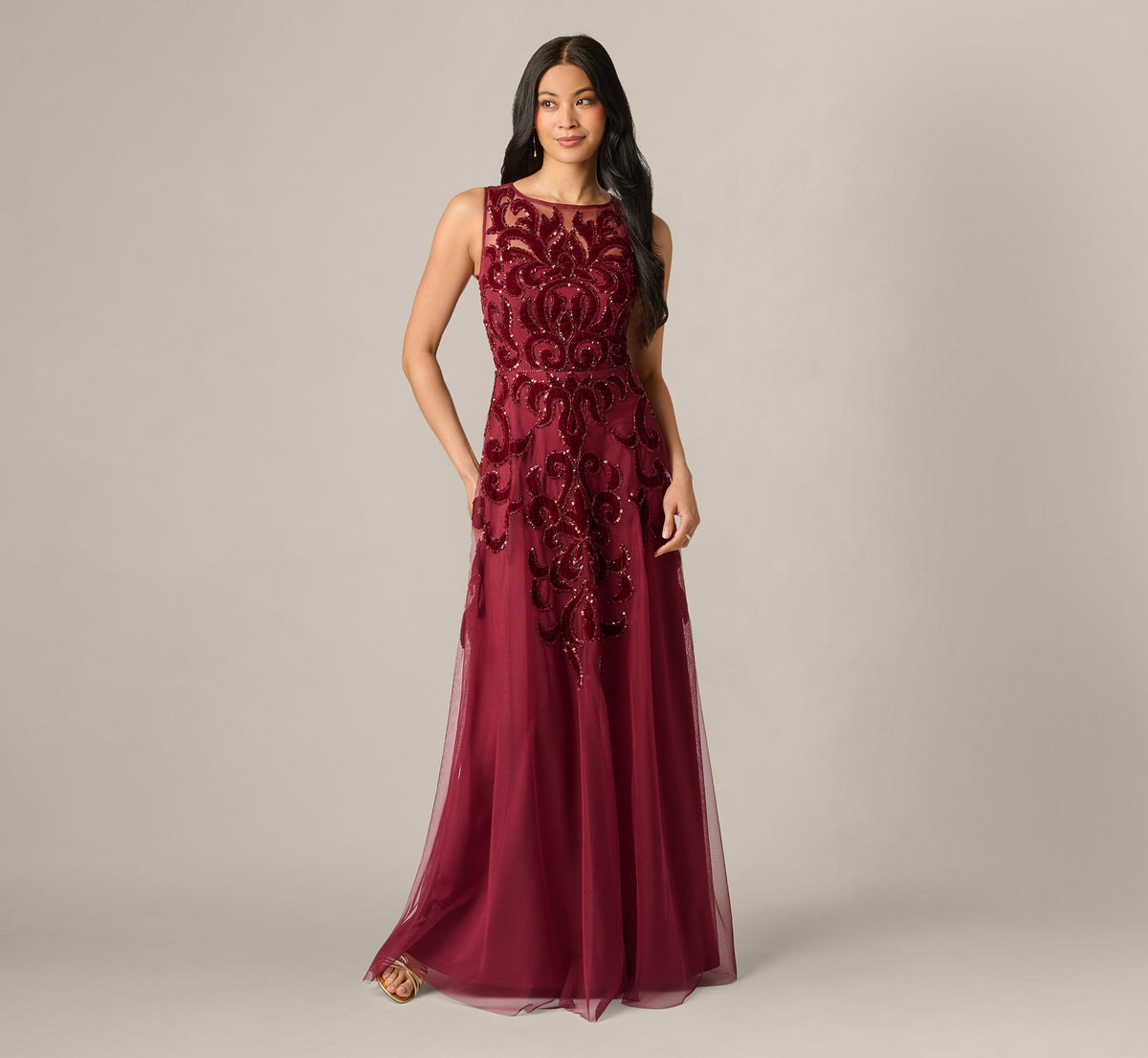 Baroque Scroll Velvet Beaded Gown - Mahogany | Adrianna Papell