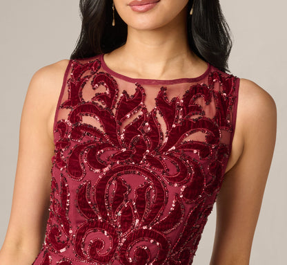 Baroque Scroll Velvet Beaded Gown - Mahogany | Adrianna Papell