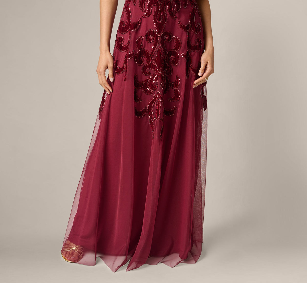 Baroque Scroll Velvet Beaded Gown - Mahogany | Adrianna Papell