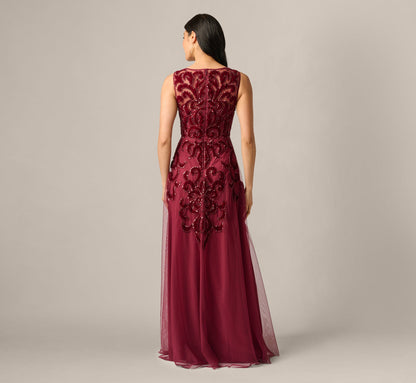 Baroque Scroll Velvet Beaded Gown - Mahogany | Adrianna Papell