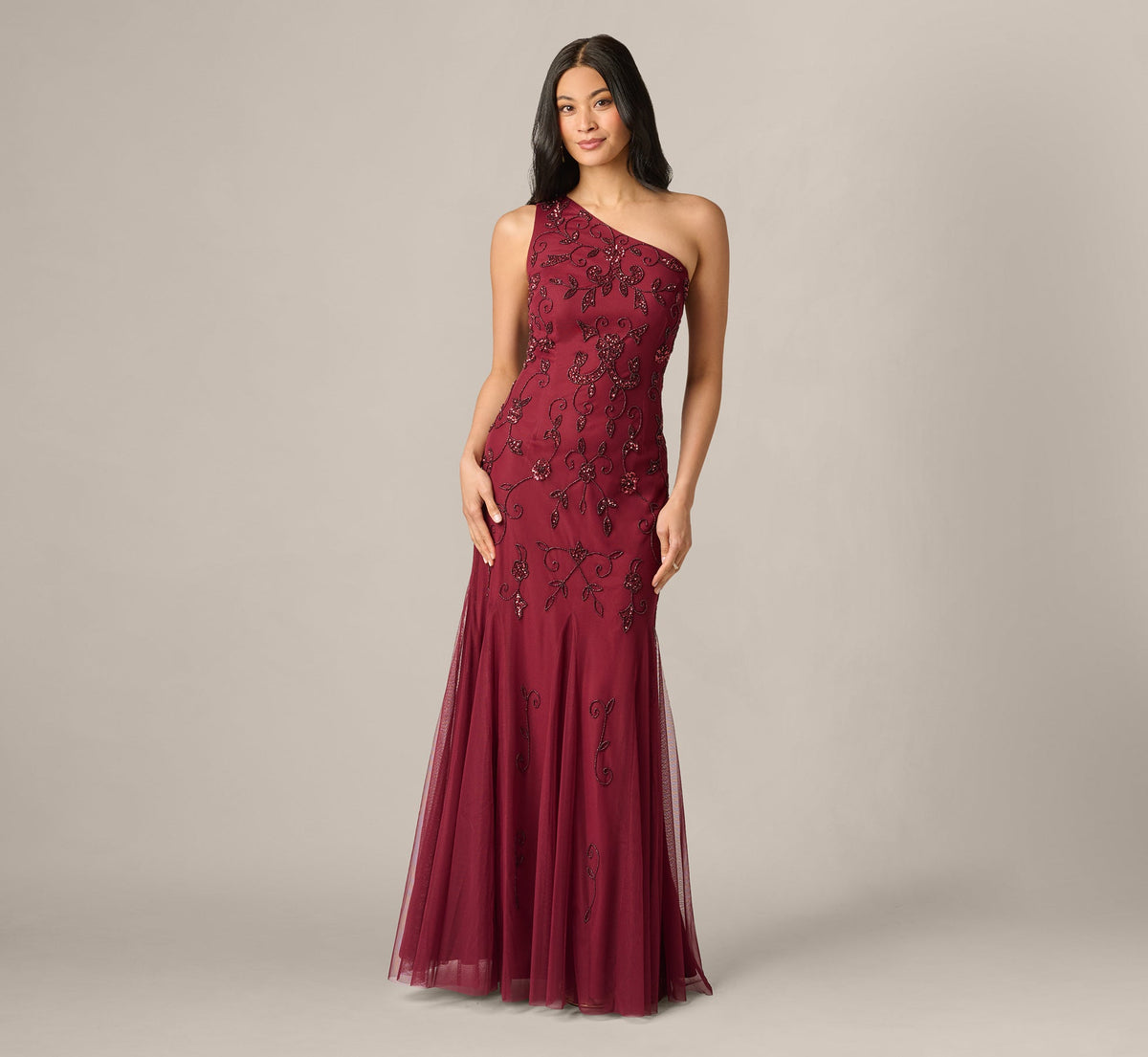 One Shoulder Scroll Floral Beaded Godet Gown - Mahogany | Adrianna Papell