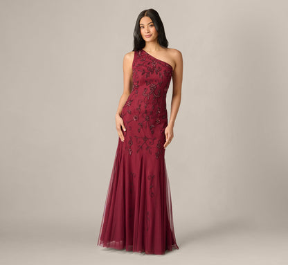 One Shoulder Scroll Floral Beaded Godet Gown - Mahogany | Adrianna Papell