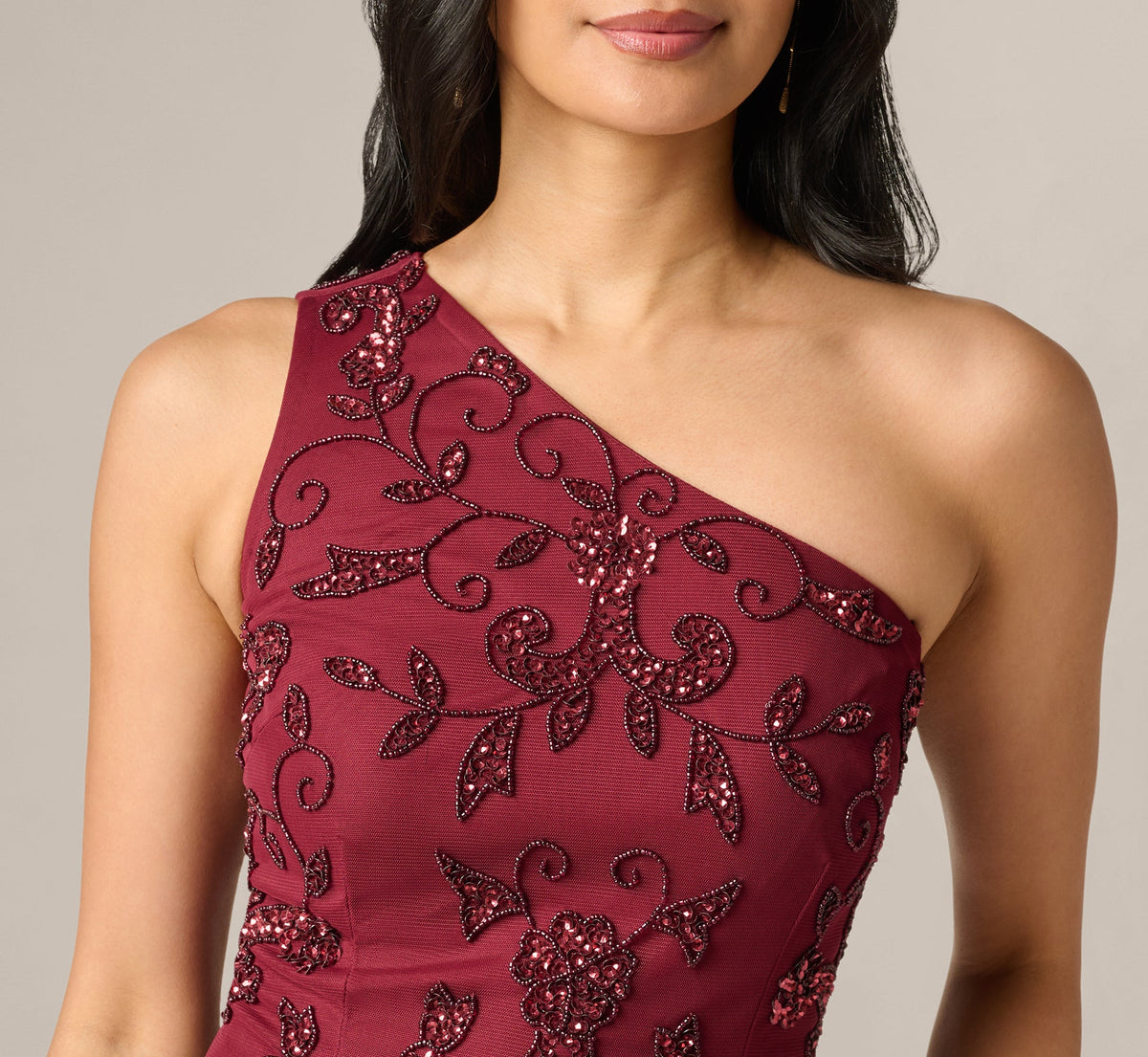 One Shoulder Scroll Floral Beaded Godet Gown - Mahogany | Adrianna Papell