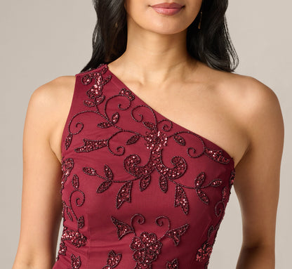 One Shoulder Scroll Floral Beaded Godet Gown - Mahogany | Adrianna Papell