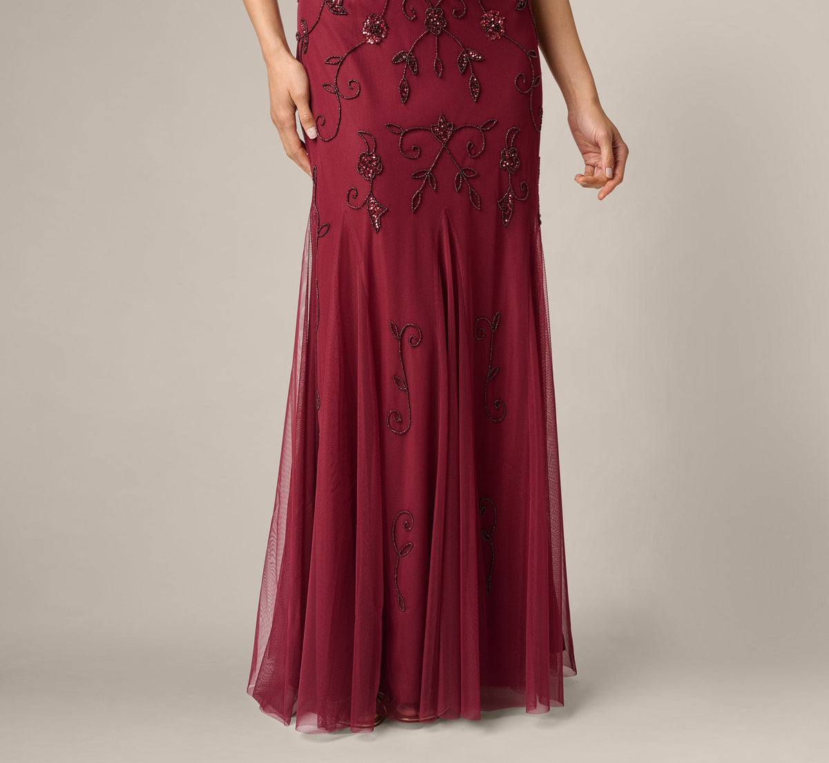 One Shoulder Scroll Floral Beaded Godet Gown - Mahogany | Adrianna Papell