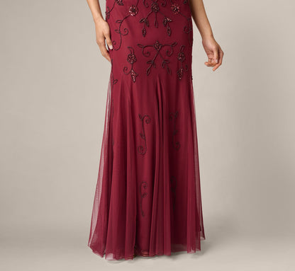 One Shoulder Scroll Floral Beaded Godet Gown - Mahogany | Adrianna Papell