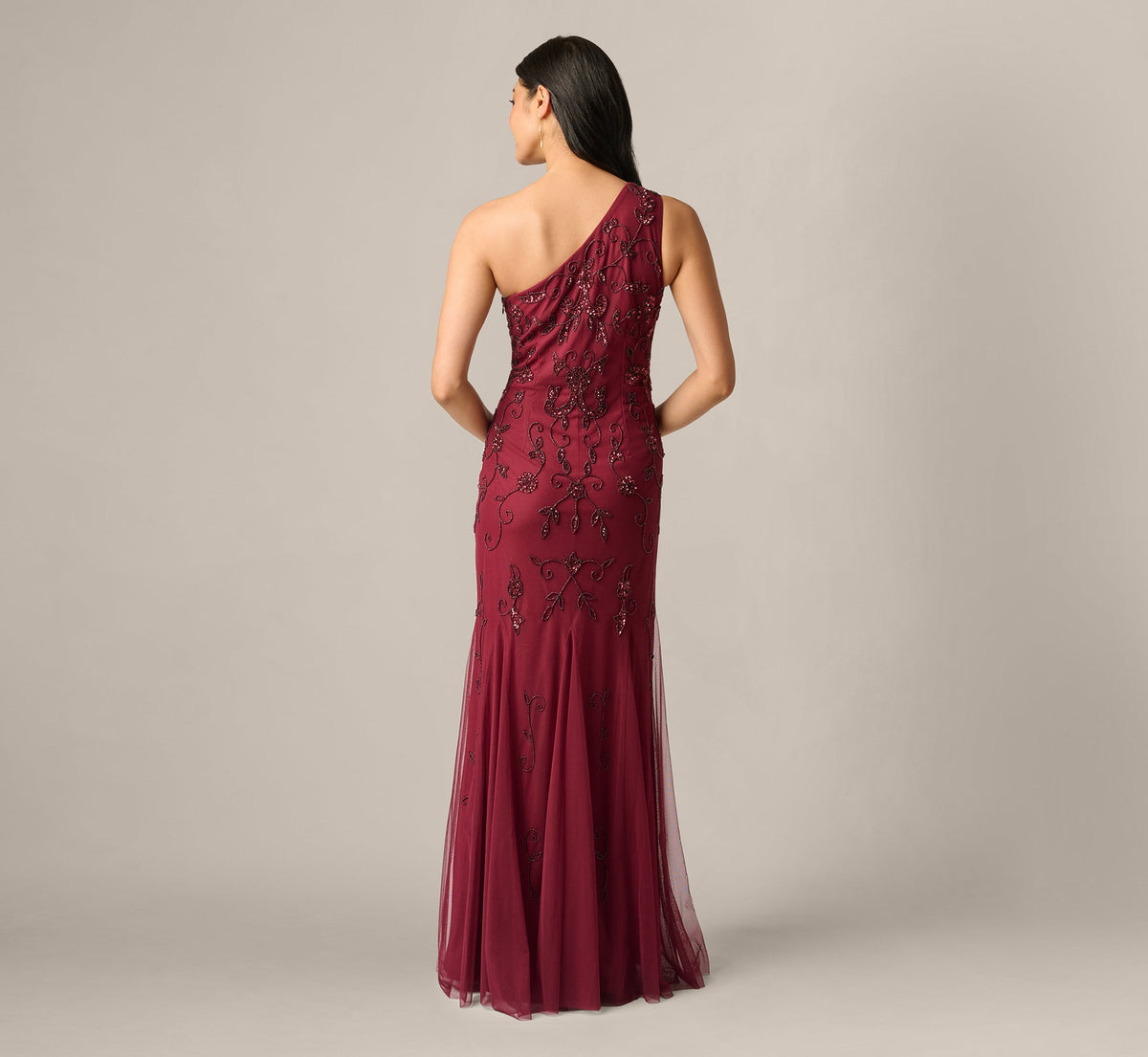 One Shoulder Scroll Floral Beaded Godet Gown - Mahogany | Adrianna Papell