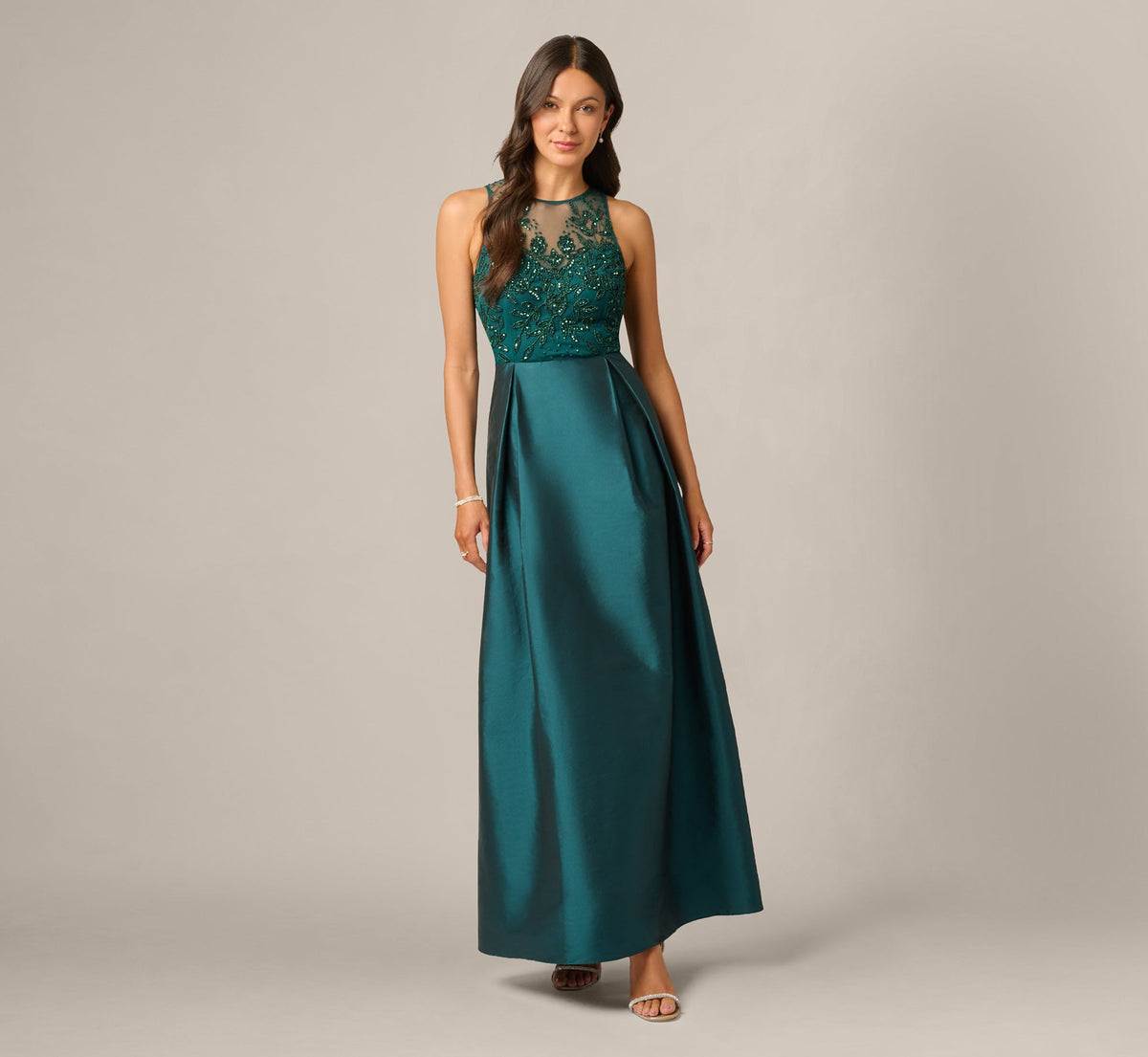 Sleeveless Taffeta Ball Gown With Beaded Bodice - Gem Green | Adrianna Papell