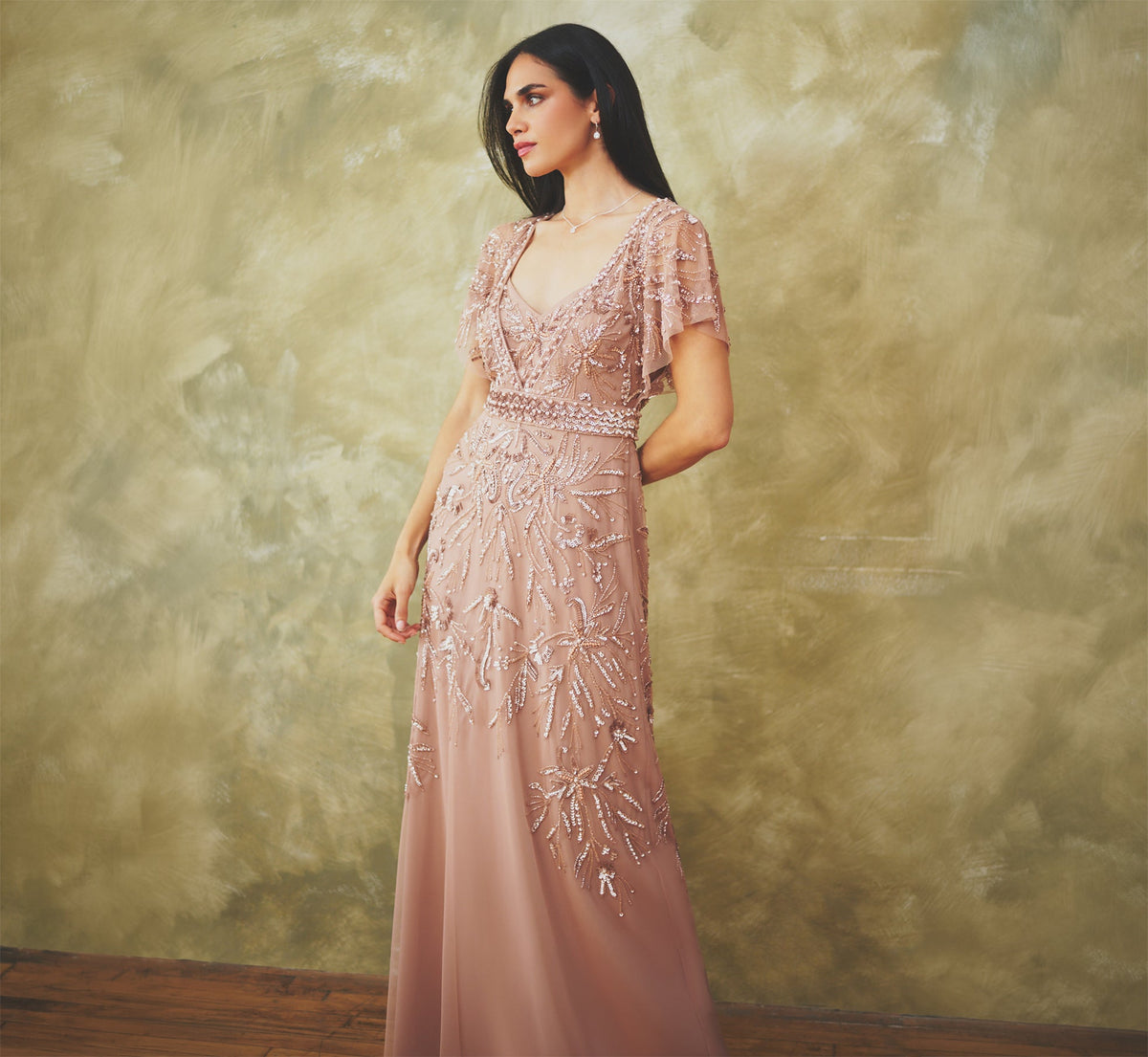 Short Sleeve Botanical Beaded Gown - Rose Gold | Adrianna Papell