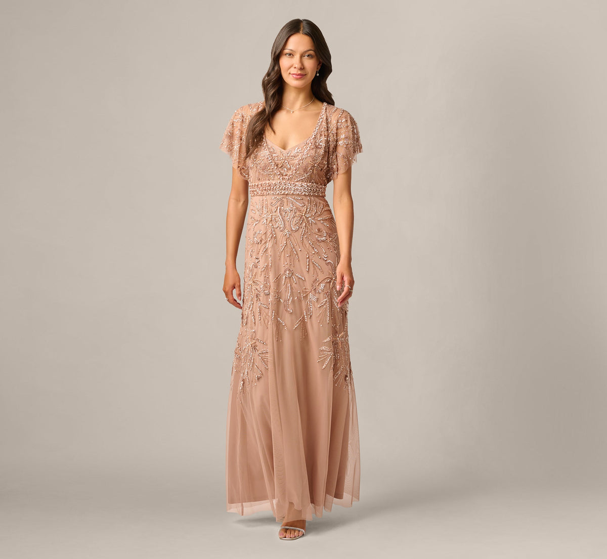 Short Sleeve Botanical Beaded Gown - Rose Gold | Adrianna Papell