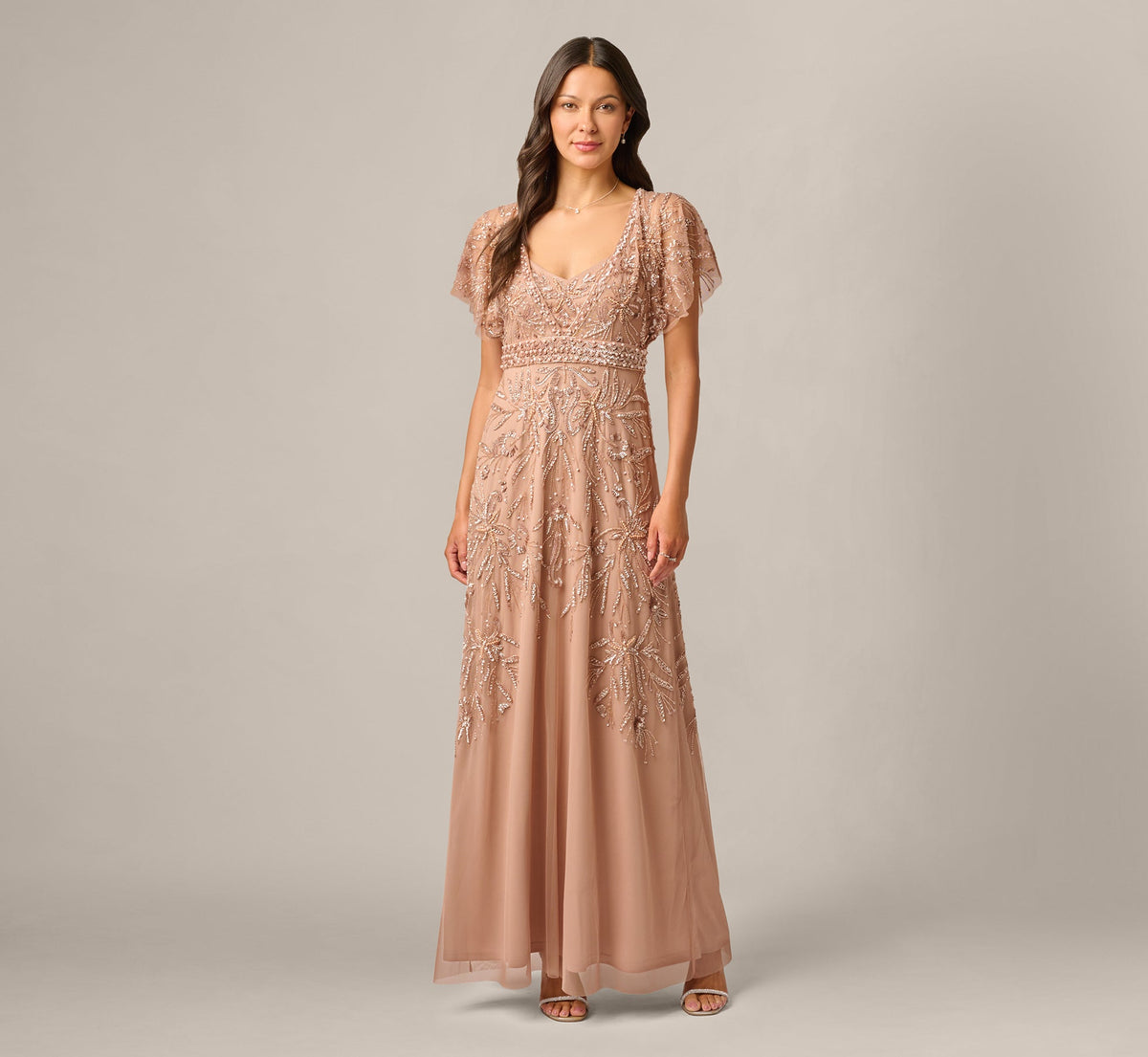 Short Sleeve Botanical Beaded Gown - Rose Gold | Adrianna Papell