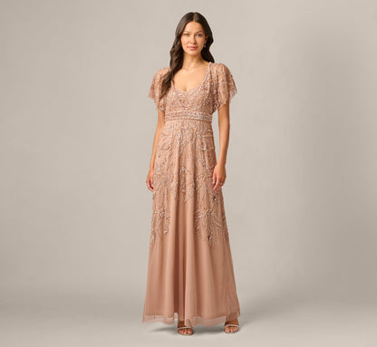 Short Sleeve Botanical Beaded Gown - Rose Gold | Adrianna Papell