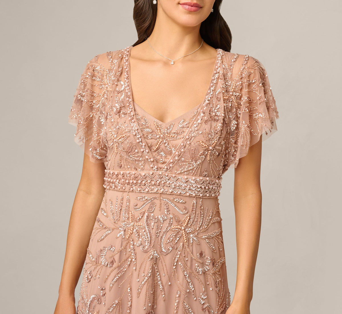 Short Sleeve Botanical Beaded Gown - Rose Gold | Adrianna Papell