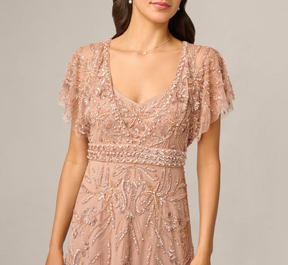 Short Sleeve Botanical Beaded Gown - Rose Gold | Adrianna Papell