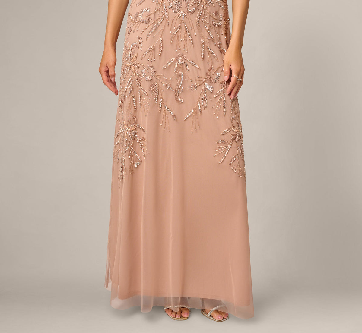 Short Sleeve Botanical Beaded Gown - Rose Gold | Adrianna Papell
