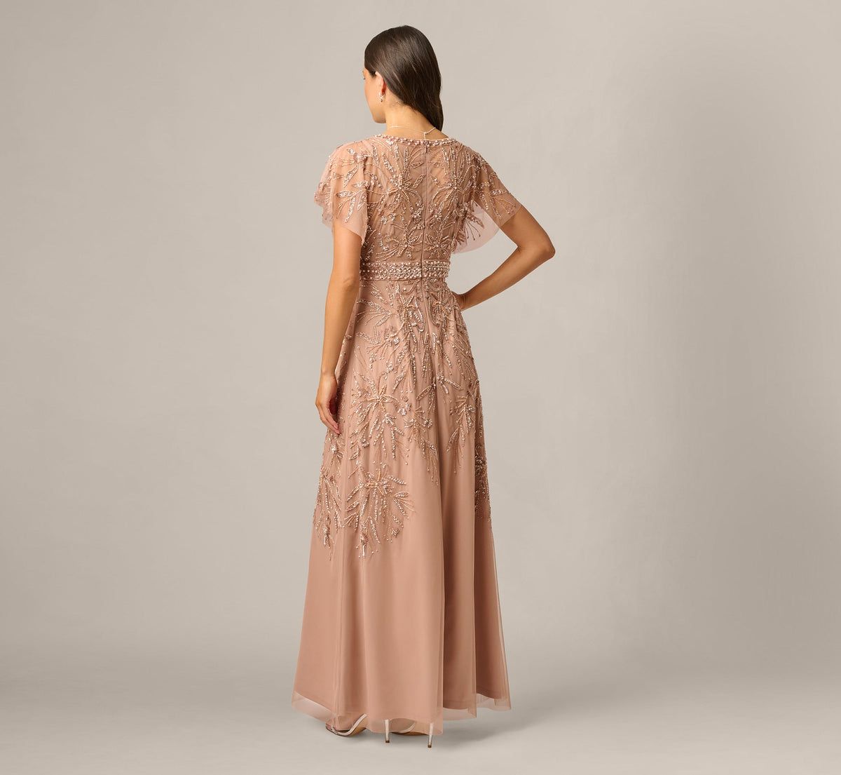 Short Sleeve Botanical Beaded Gown - Rose Gold | Adrianna Papell