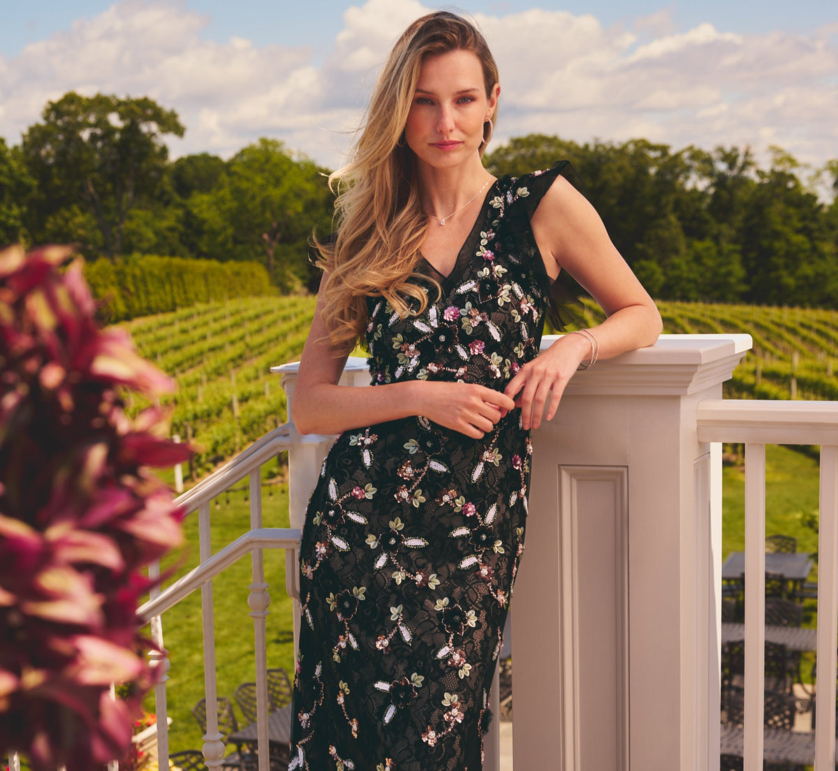 Flutter Sleeve Floral Sequin Beaded Lace Gown - Black Blush Multi | Adrianna Papell