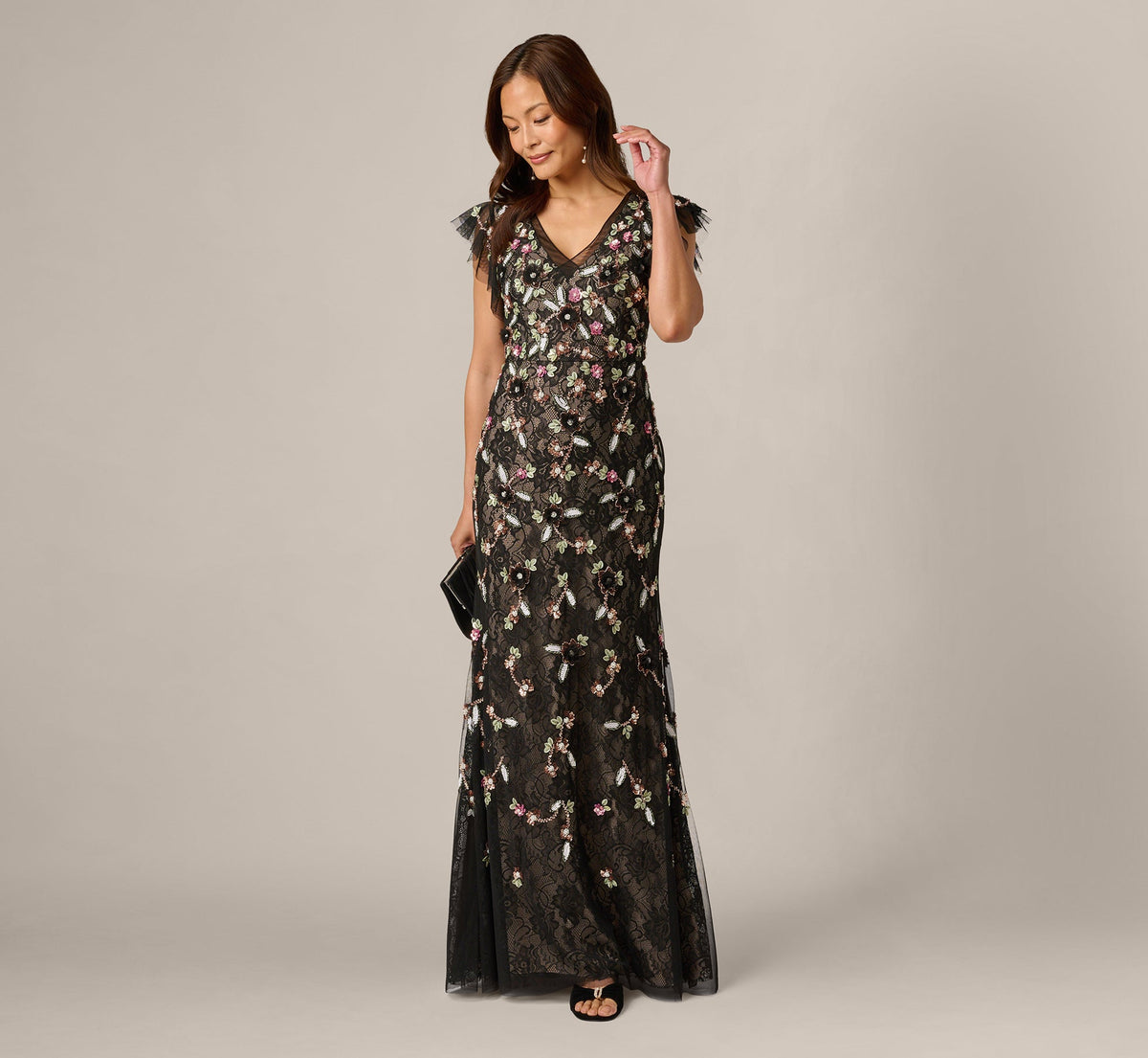 Flutter Sleeve Floral Sequin Beaded Lace Gown - Black Blush Multi | Adrianna Papell