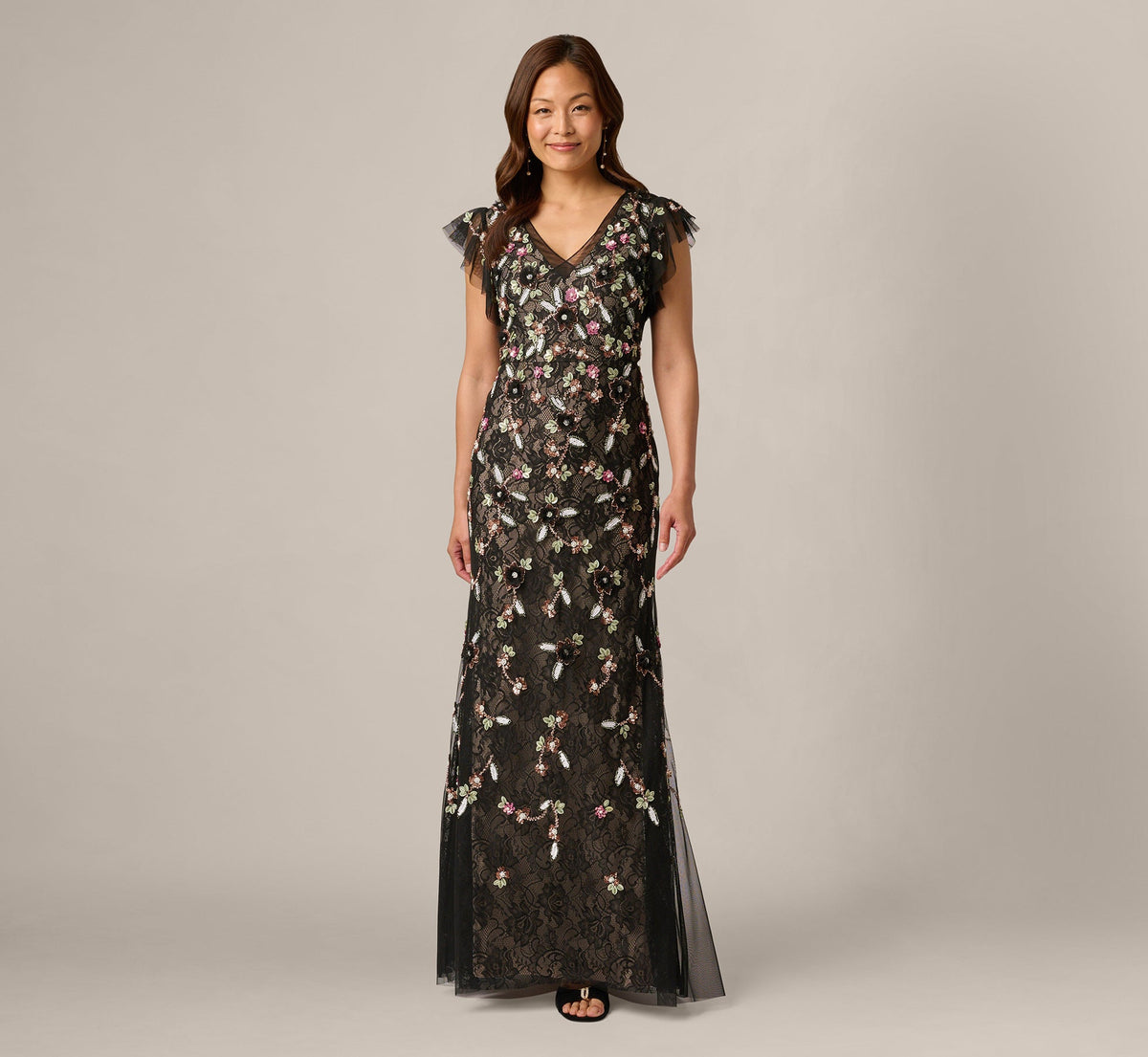 Flutter Sleeve Floral Sequin Beaded Lace Gown - Black Blush Multi | Adrianna Papell