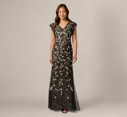 Flutter Sleeve Floral Sequin Beaded Lace Gown - Black Blush Multi | Adrianna Papell