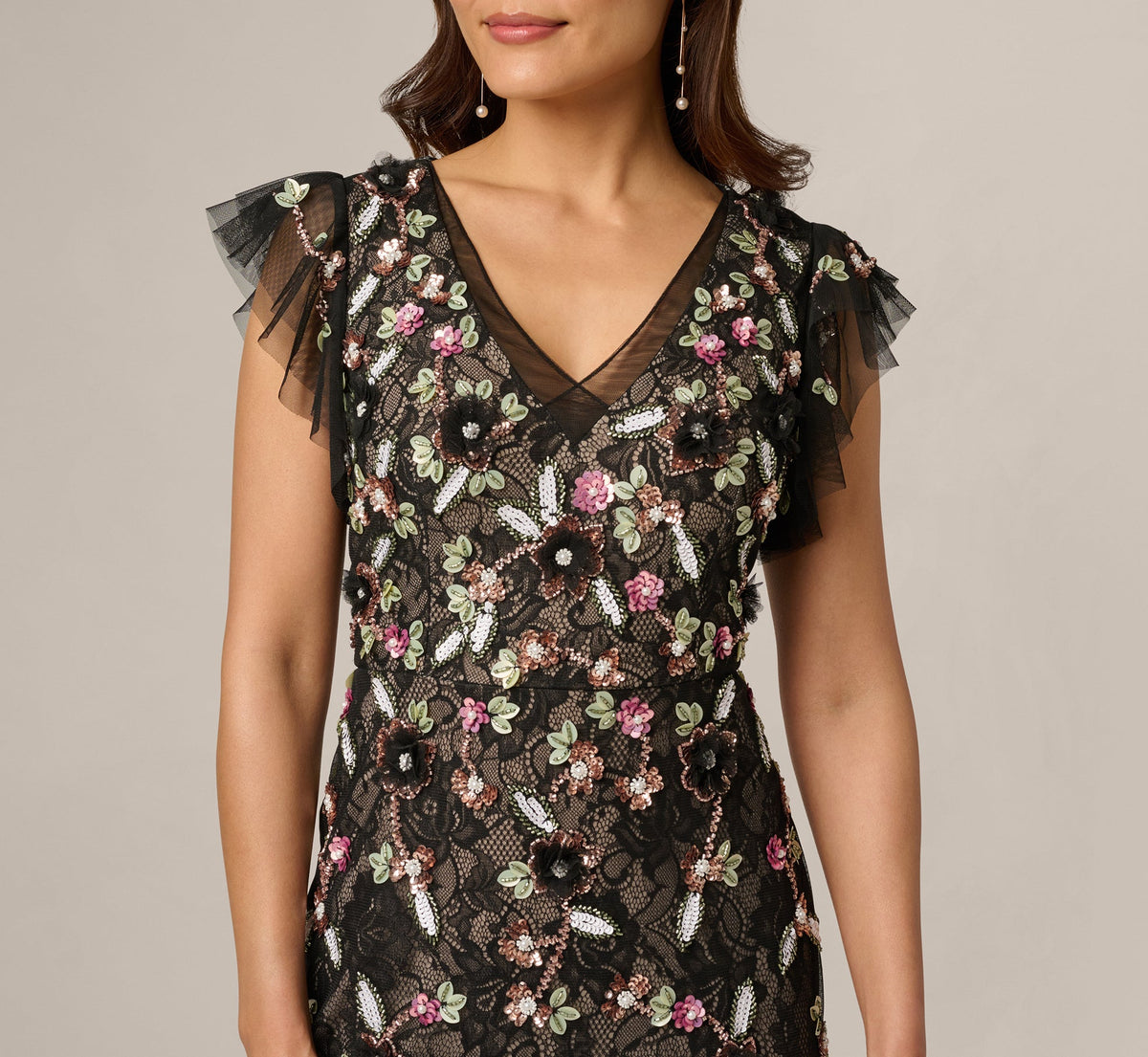 Flutter Sleeve Floral Sequin Beaded Lace Gown - Black Blush Multi | Adrianna Papell