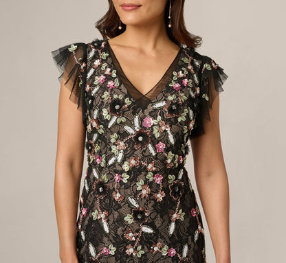 Flutter Sleeve Floral Sequin Beaded Lace Gown - Black Blush Multi | Adrianna Papell