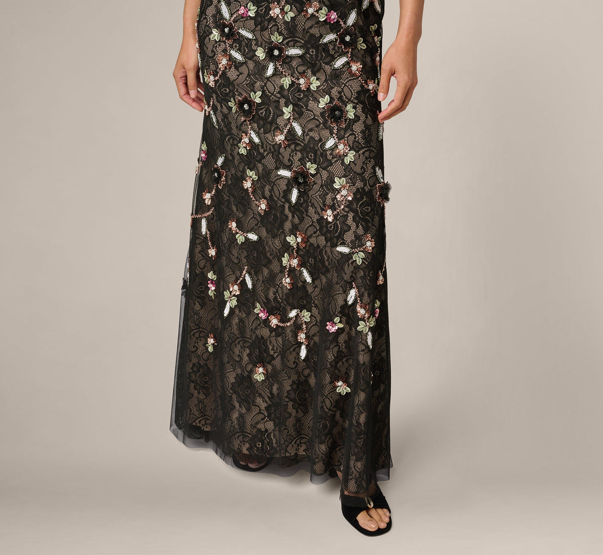 Flutter Sleeve Floral Sequin Beaded Lace Gown - Black Blush Multi | Adrianna Papell