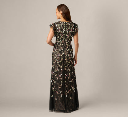 Flutter Sleeve Floral Sequin Beaded Lace Gown - Black Blush Multi | Adrianna Papell
