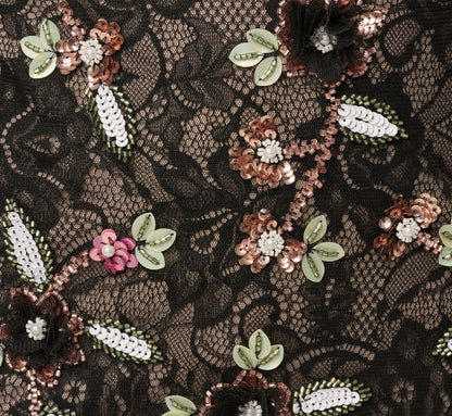 Flutter Sleeve Floral Sequin Beaded Lace Gown - Black Blush Multi | Adrianna Papell