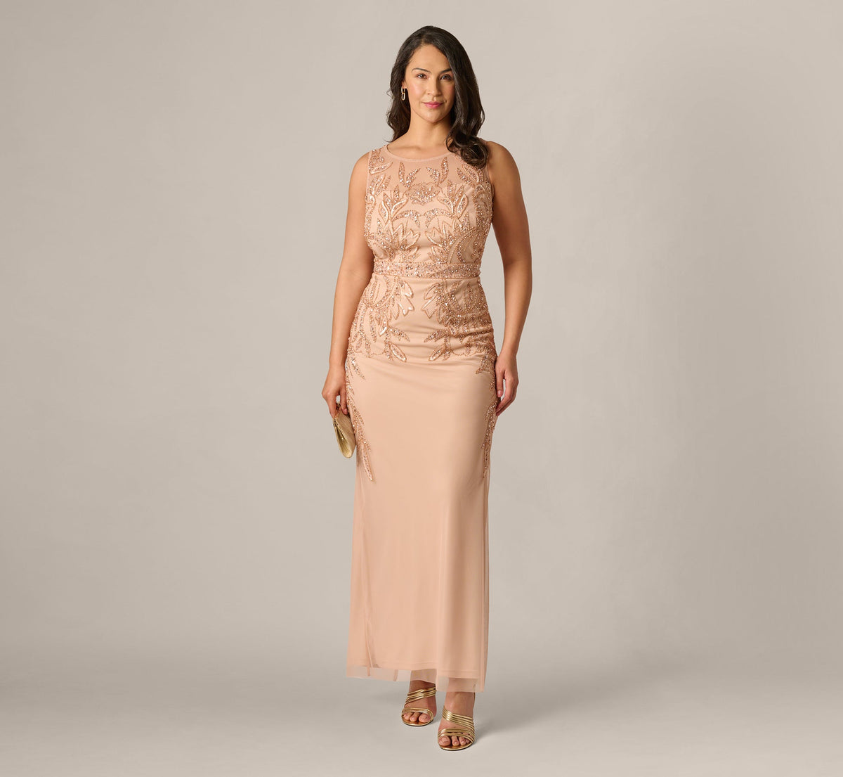 Plus Size Adrianna Papell Hand-Beaded Sleeveless Slim Column Gown - Rose Gold | Adrianna Papell