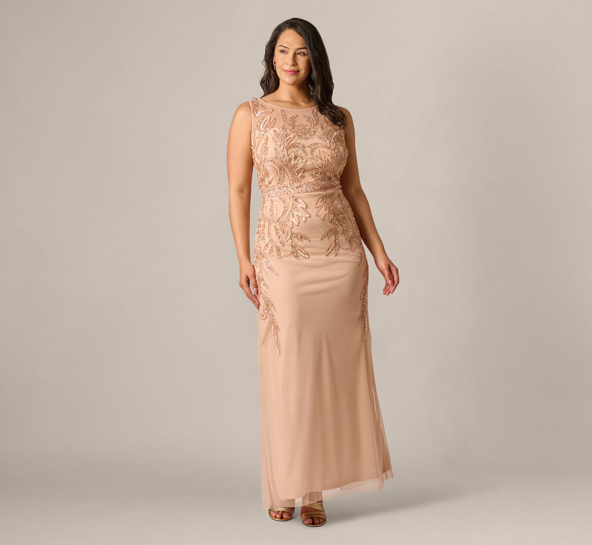 Plus Size Adrianna Papell Hand-Beaded Sleeveless Slim Column Gown - Rose Gold | Adrianna Papell