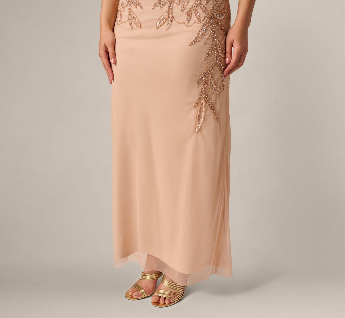 Plus Size Adrianna Papell Hand-Beaded Sleeveless Slim Column Gown - Rose Gold | Adrianna Papell