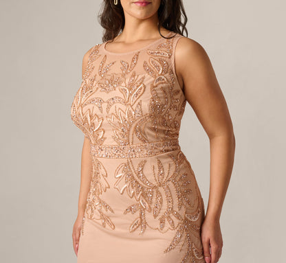 Plus Size Adrianna Papell Hand-Beaded Sleeveless Slim Column Gown - Rose Gold | Adrianna Papell