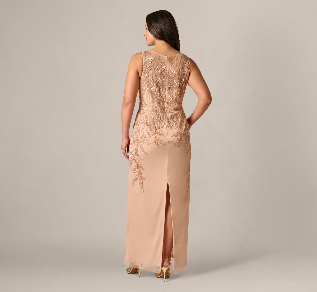 Plus Size Adrianna Papell Hand-Beaded Sleeveless Slim Column Gown - Rose Gold | Adrianna Papell