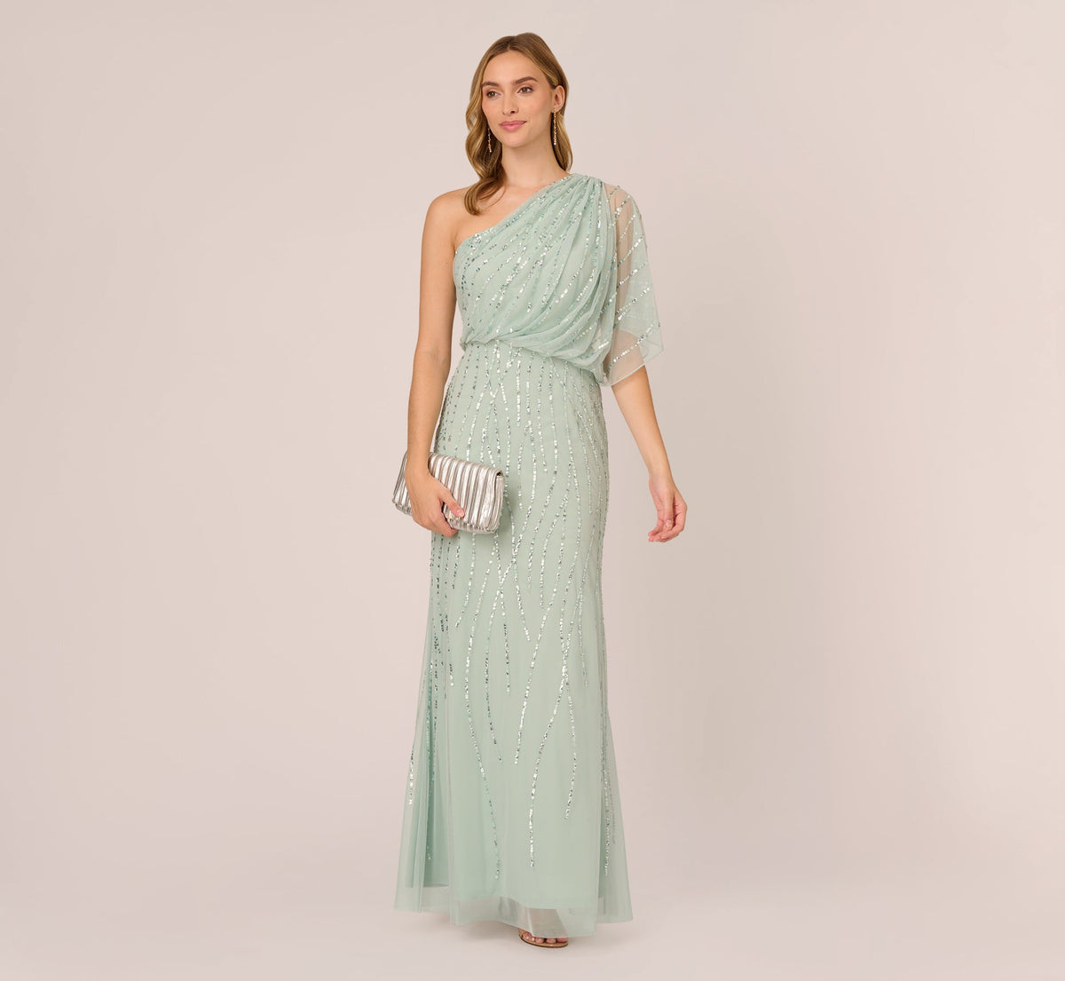 Draped One Shoulder Dress With Sequin Detail - Icy Sage | Adrianna Papell
