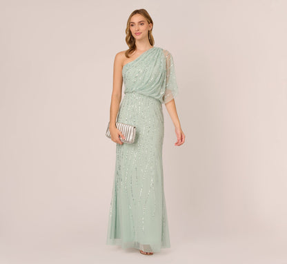 Draped One Shoulder Dress With Sequin Detail - Icy Sage | Adrianna Papell