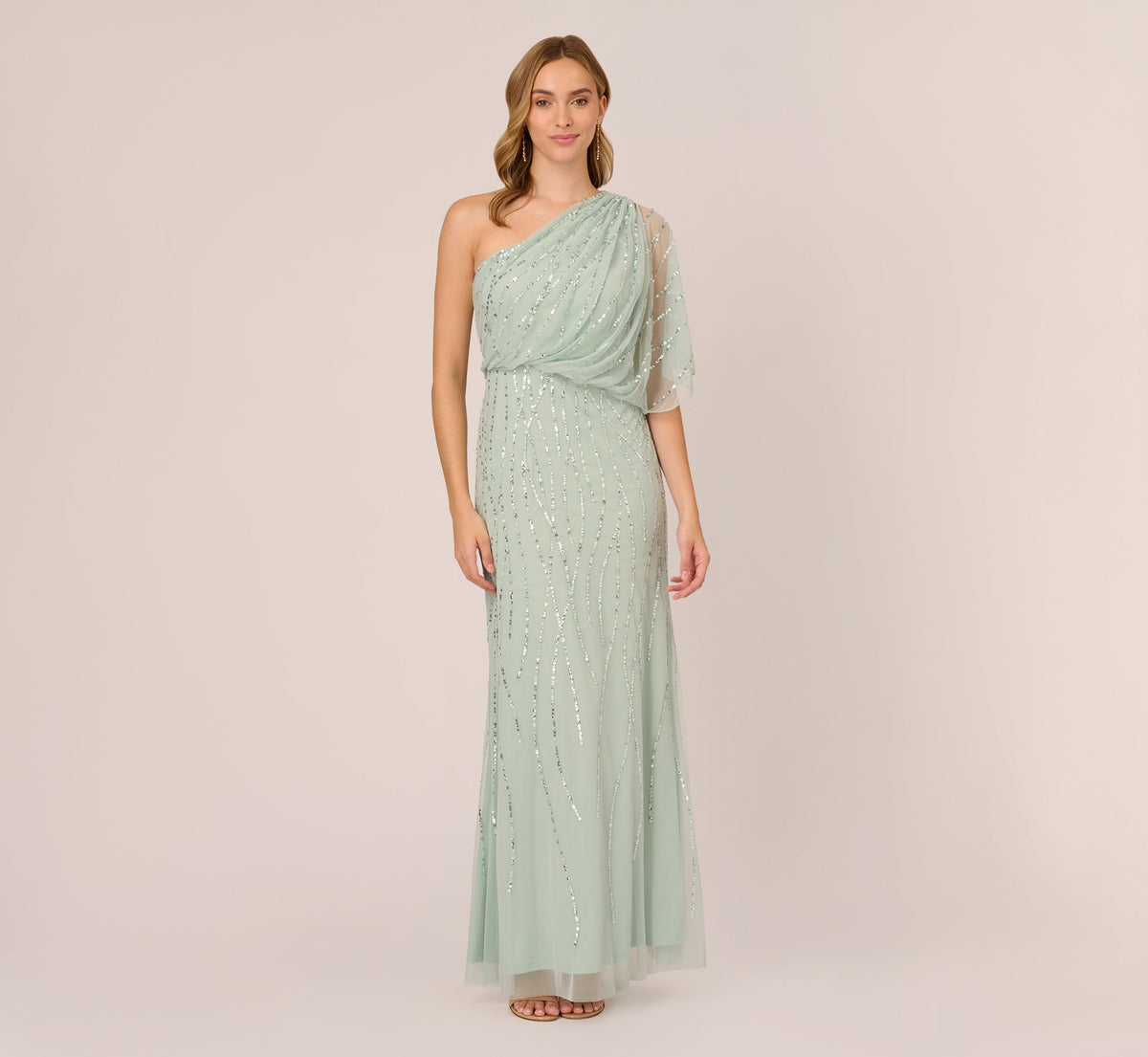 Draped One Shoulder Dress With Sequin Detail - Icy Sage | Adrianna Papell