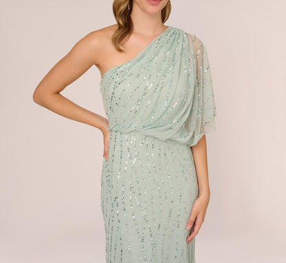 Draped One Shoulder Dress With Sequin Detail - Icy Sage | Adrianna Papell