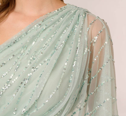 Draped One Shoulder Dress With Sequin Detail - Icy Sage | Adrianna Papell