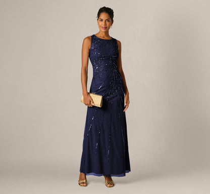 Floral Beaded Illusion Mermaid Gown - Light Navy | Adrianna Papell