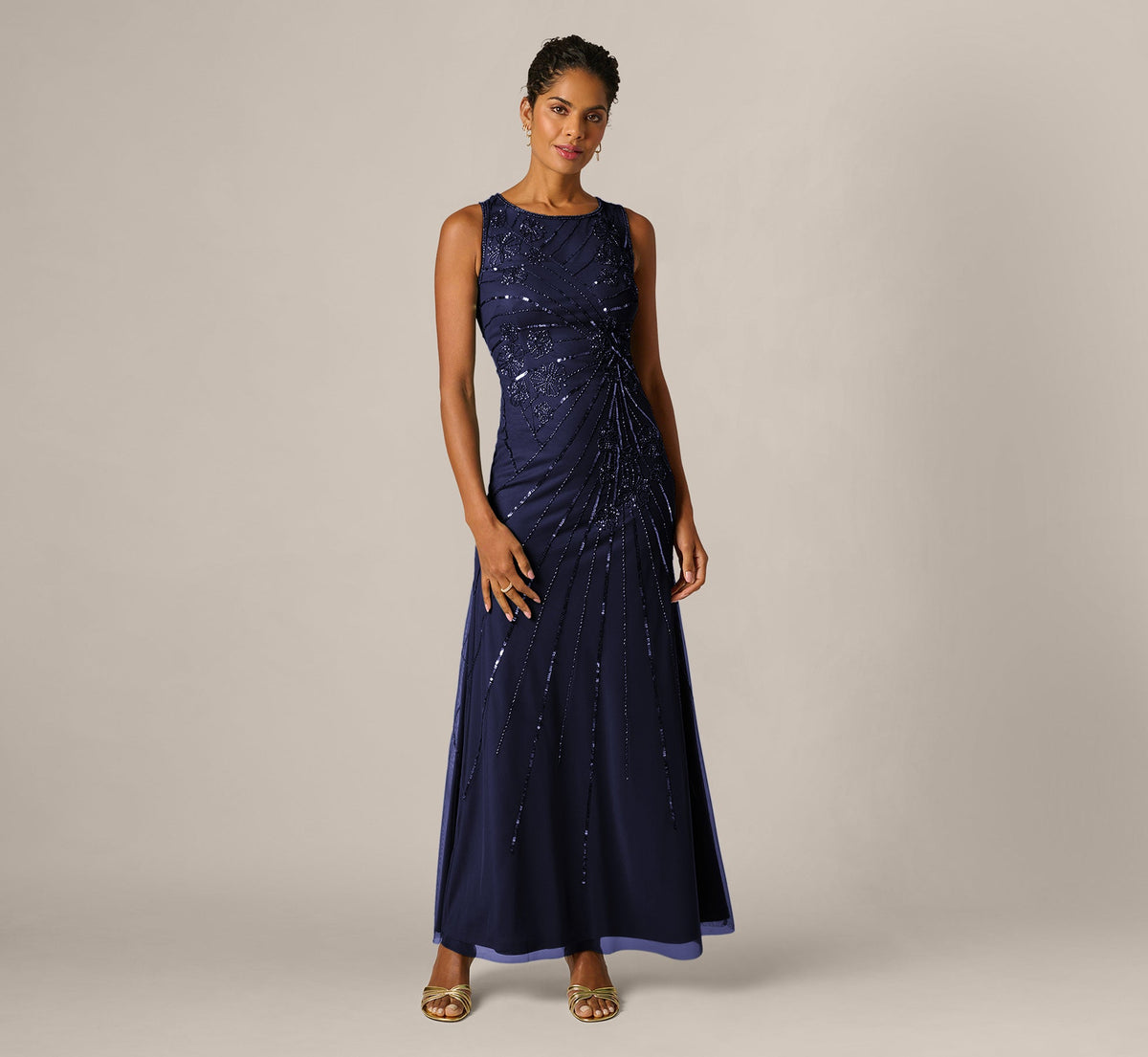 Floral Beaded Illusion Mermaid Gown - Light Navy | Adrianna Papell