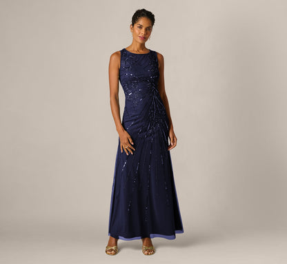 Floral Beaded Illusion Mermaid Gown - Light Navy | Adrianna Papell