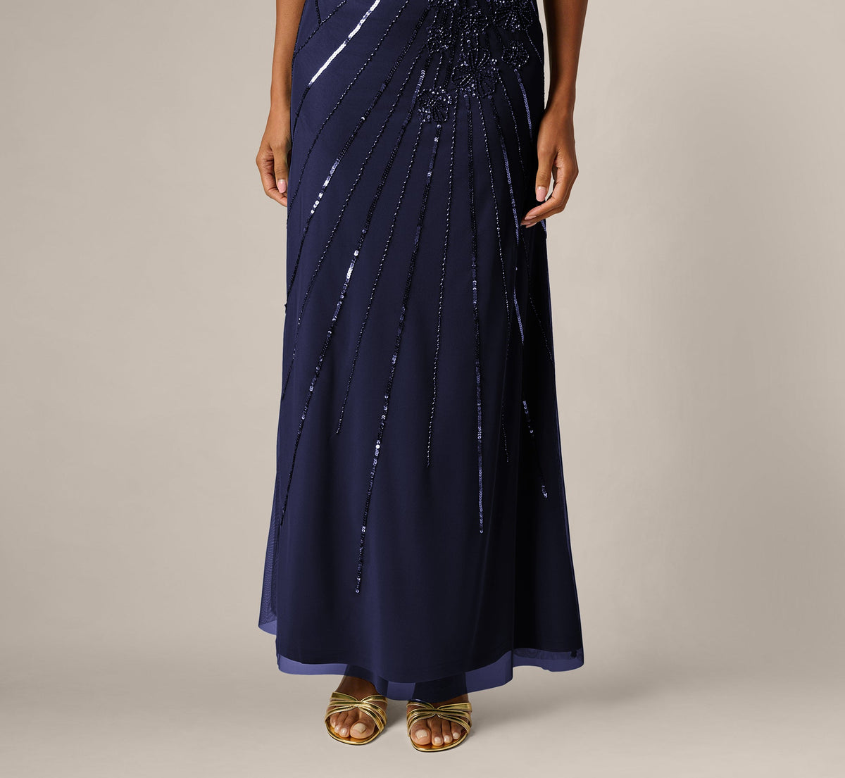 Floral Beaded Illusion Mermaid Gown - Light Navy | Adrianna Papell