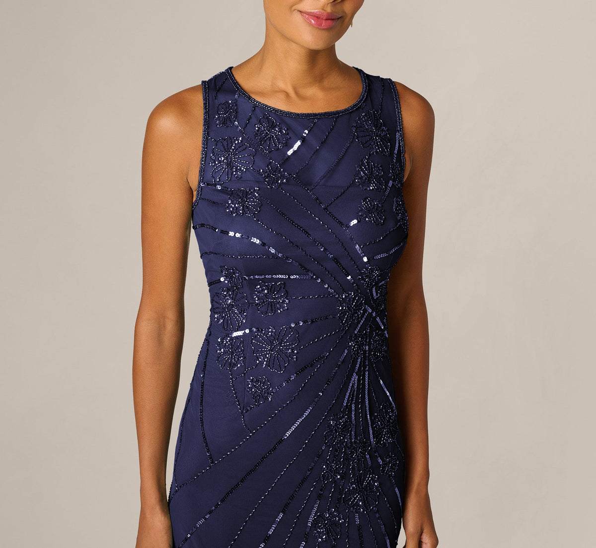 Floral Beaded Illusion Mermaid Gown - Light Navy | Adrianna Papell