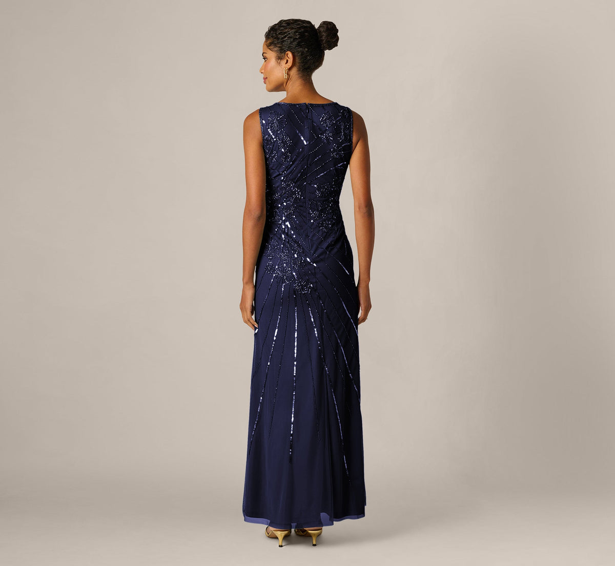 Floral Beaded Illusion Mermaid Gown - Light Navy | Adrianna Papell