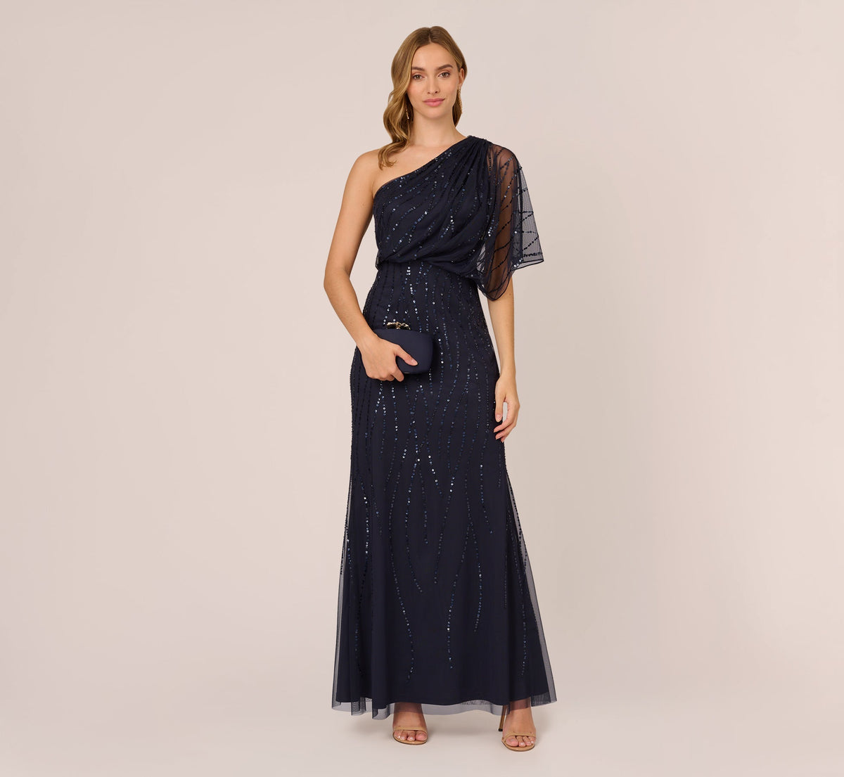 Draped One Shoulder Dress With Sequin Detail - Dusty Navy | Adrianna Papell